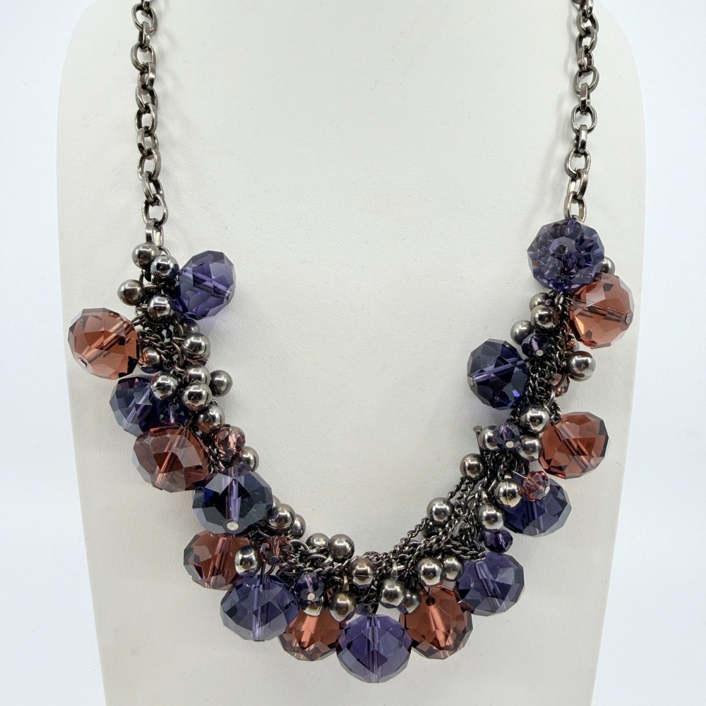Necklace Vintage Gunmetal Tone‎ Purple Brown Stone Cluster Statement Bold Retro